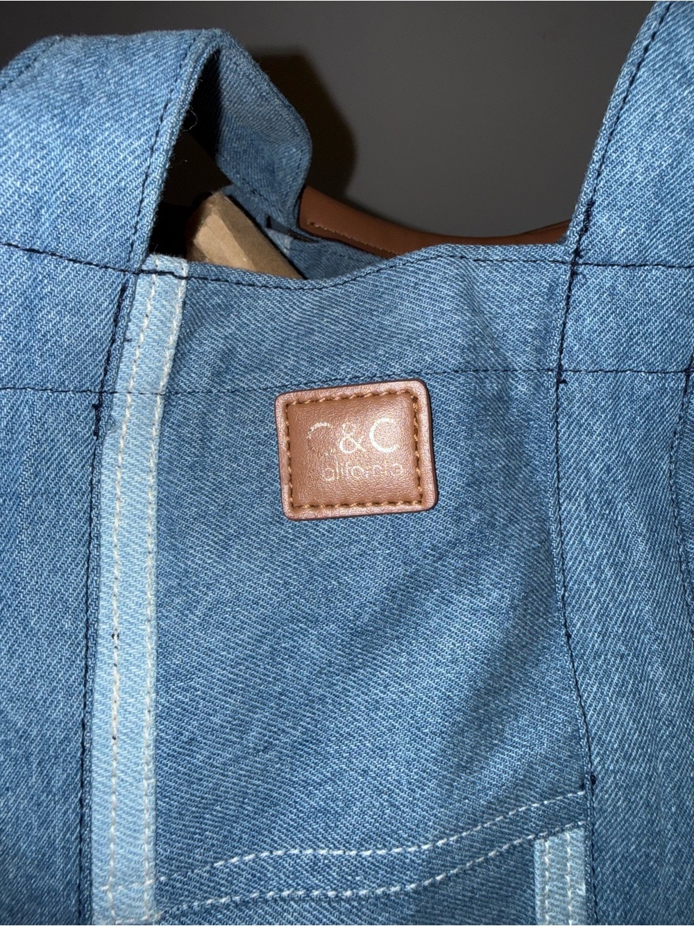 C&C California Blue Denim Patchwork Tote with Leather Logo - Picture 3 of 8